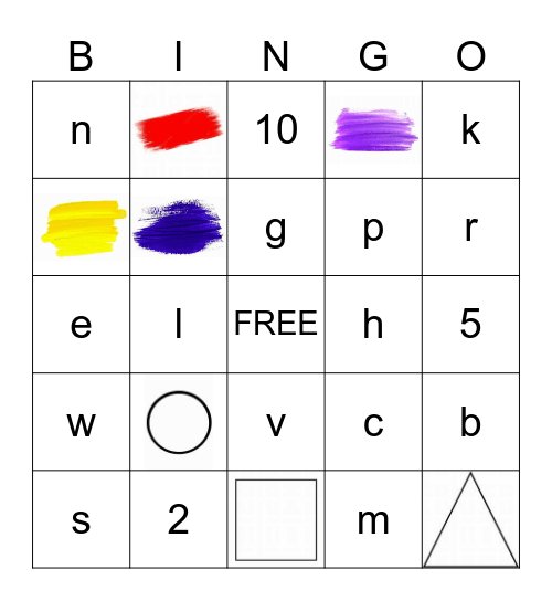 Shapes, Colors, Numbers, Letters Bingo Card