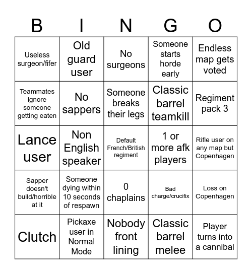 Guts and Blackpowder Bingo Card