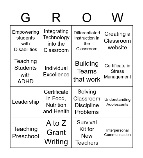 Office of Professional Development @ SVSU Bingo Card