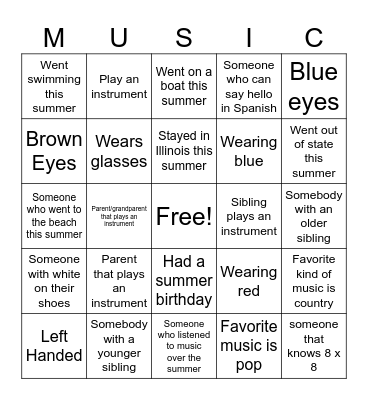 Summer Music Bingo Card