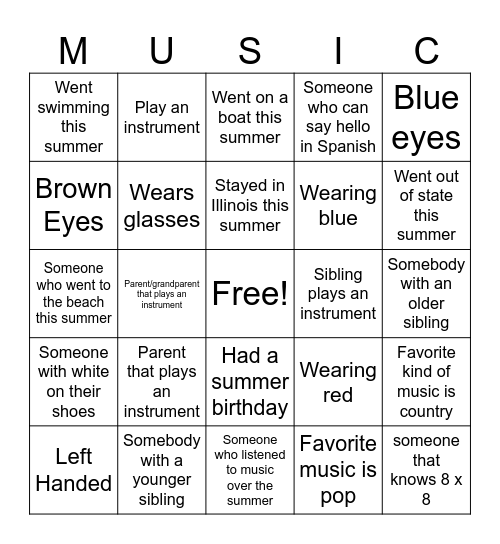 Summer Music Bingo Card