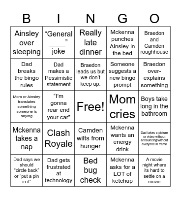 Weigle Family Bingo Card