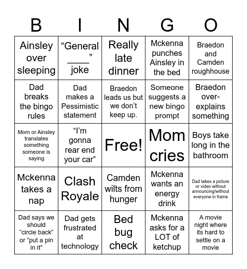 Weigle Family Bingo Card