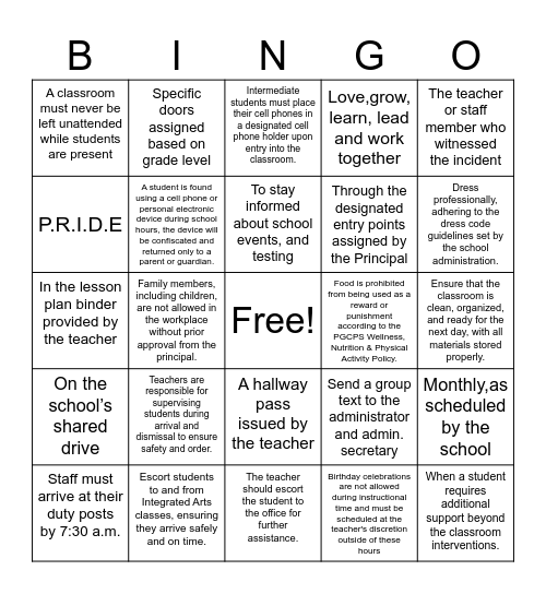 Princeton Staff Handbook Bingo Card