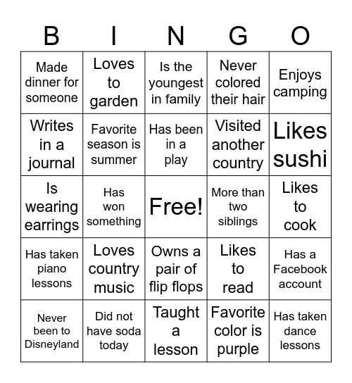 Get to Know You Bingo Card