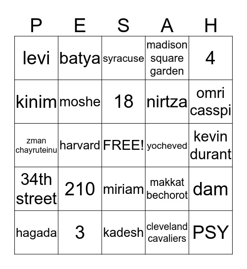 Shabbat Hagadol Bingo Card