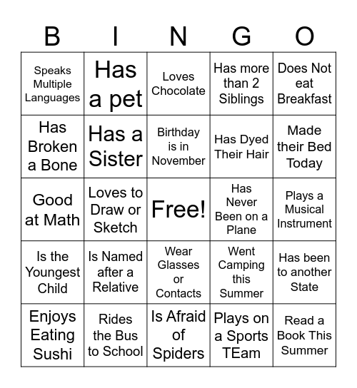 Get to Know you Bingo Card