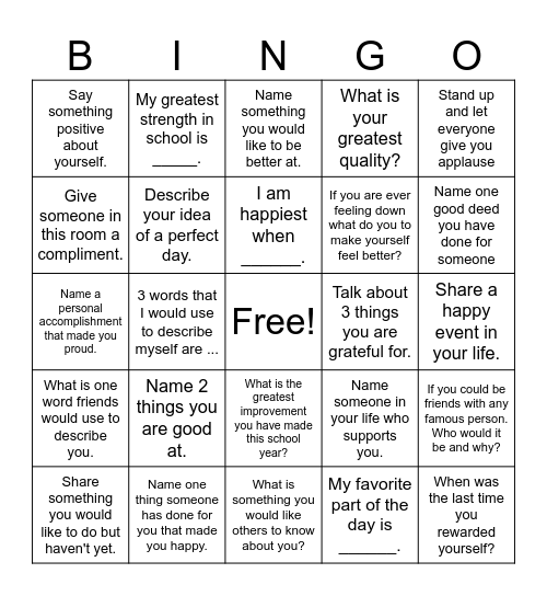 Self-Esteem Bingo! Bingo Card