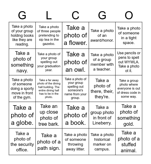 GLC Scavenger Hunt BINGO Card