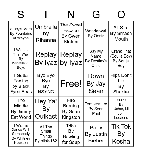 Music Bingo - Throwback Hits Bingo Card