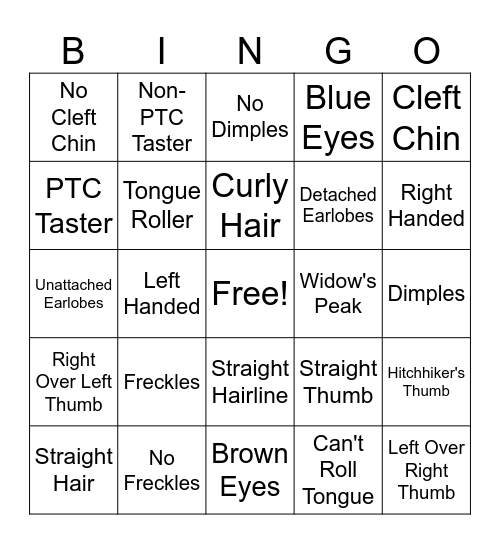 Genetic Traits Bingo Card