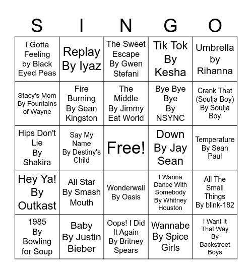 Music Bingo - Throwback Hits Bingo Card