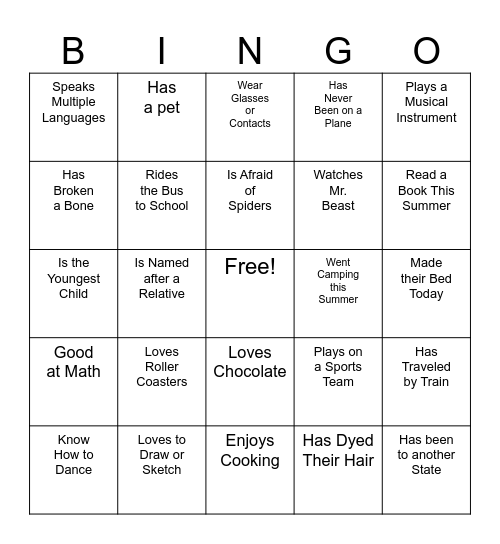 Get to Know You Find Someone Who... Bingo Card
