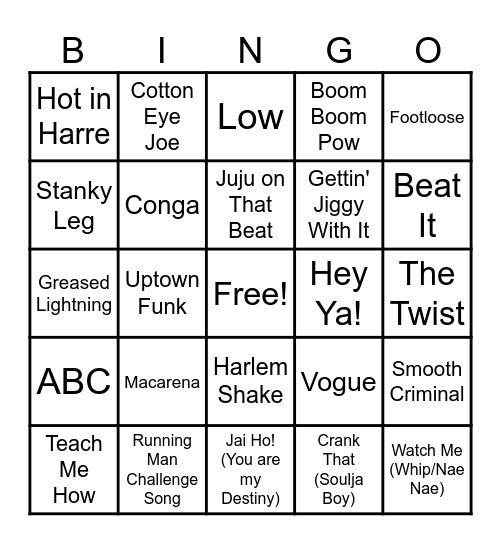 Songs With Dance Moves Bingo Card