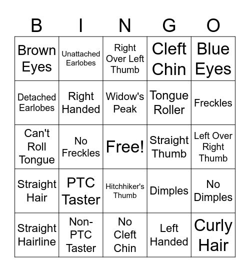 Genetic Traits Bingo Card