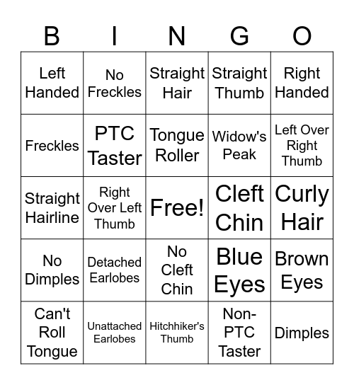 Genetic Traits Bingo Card