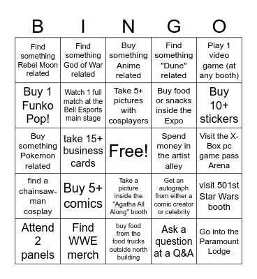 Fan Expo 2024 Bingo Card