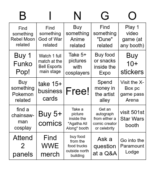 Fan Expo 2024 Bingo Card