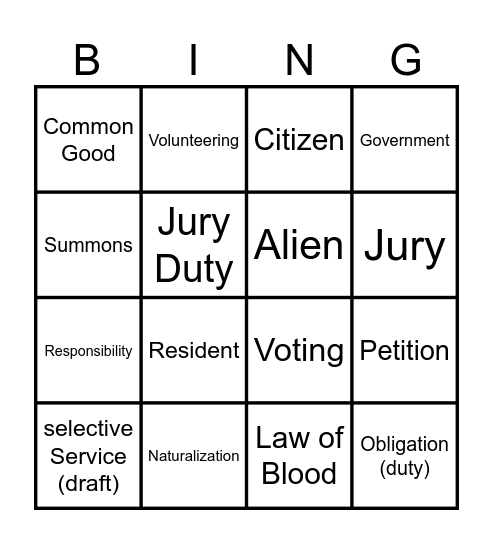 Unit 1 Citizenship Bingo Card