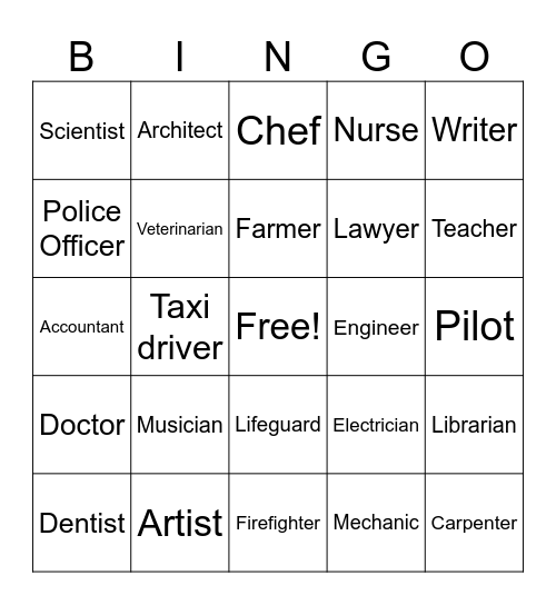 JOBS AND OCCUPATIONS Bingo Card