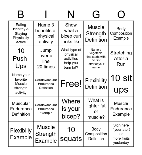 Health Related Fitness BINGO! Bingo Card