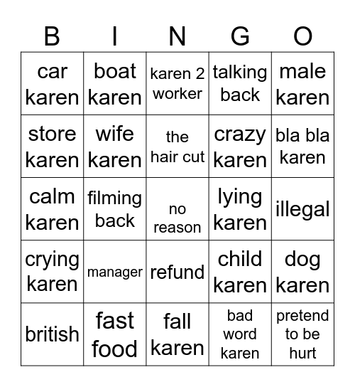 karen list Bingo Card