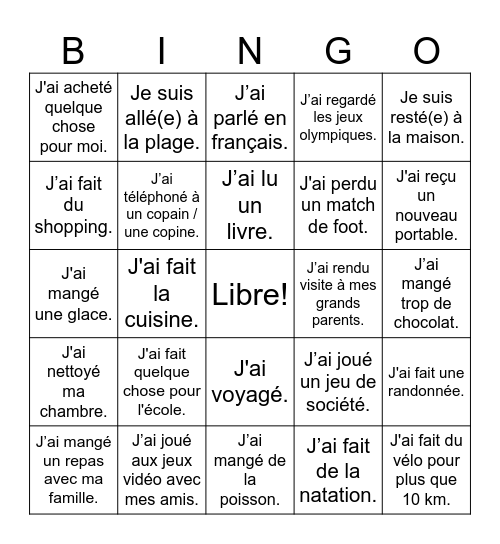 Qu'est-ce que tu as fait pendant les vacances? Bingo Card