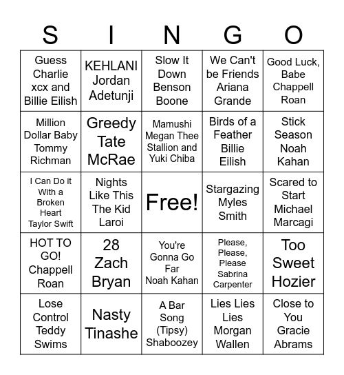 Today's Top Hits Bingo Card