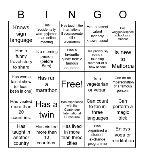 Getting to know your team! Bingo Card