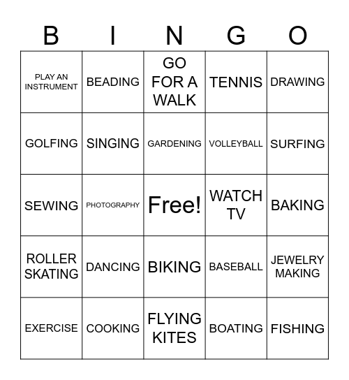 LEISURE Bingo Card