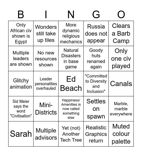 Civ VII Bingo Card