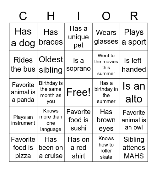 Choir Classmate Bingo Card