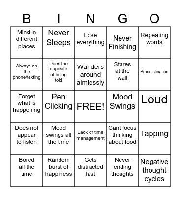 ADHD Bingo Card
