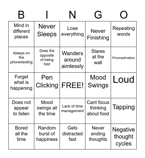 ADHD Bingo Card