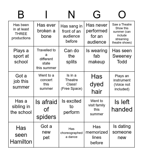 Get to Know You THEATRE Bingo Card