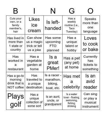 Get to know you BINGO Card