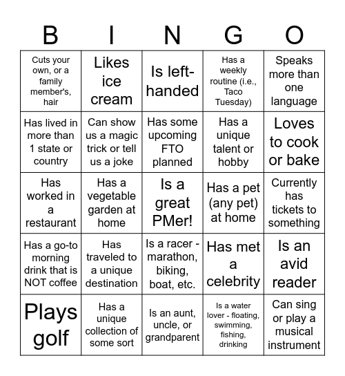 Get to know you BINGO Card