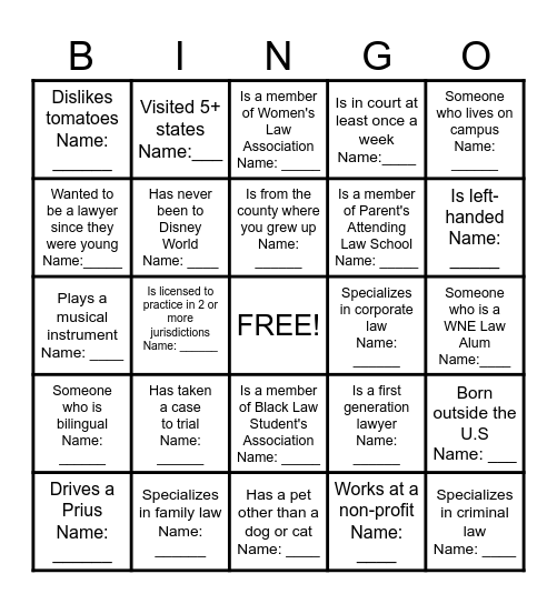 Networking Bingo Card