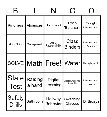 Classroom Expectations Bingo Card