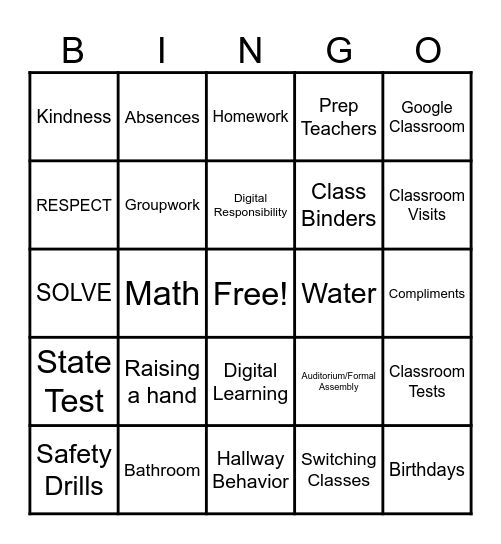 Classroom Expectations Bingo Card