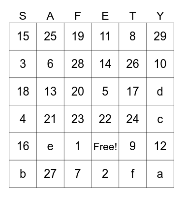 D102 Safety Bingo Card
