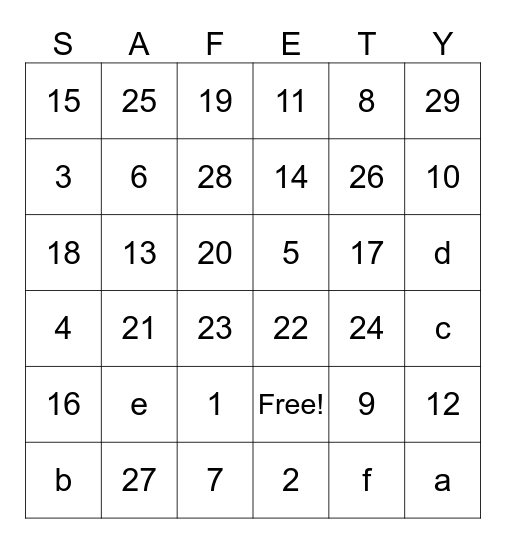 D102 Safety Bingo Card