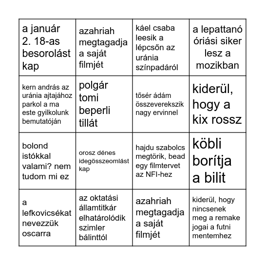 Magyar filmes botránybingó 2024 ősz/tél Bingo Card