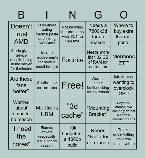 Things BA Red People Say (About builds) Bingo Card