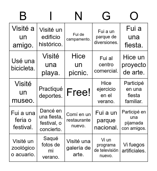 Mi Descanso de Verano Spa 2 Yo Form Bingo Card