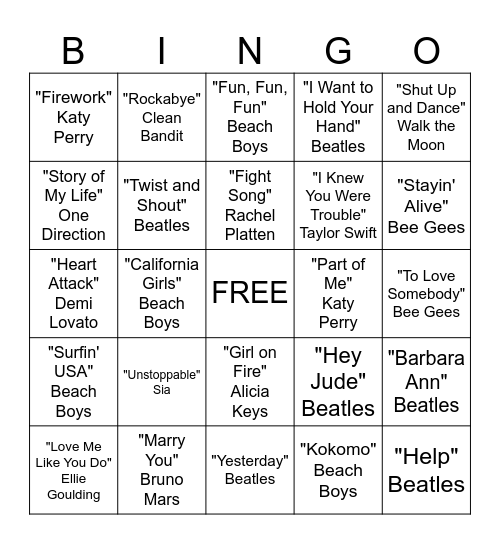 Musical Bingo Card