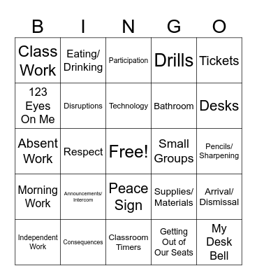 Class Expectations, Rules, & Procedures Bingo Card
