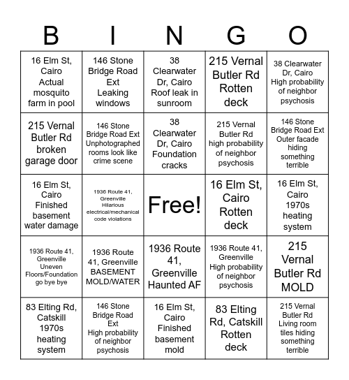 Real Estate Buyer's Bingo Card