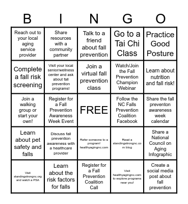 Fall Prevention Champion Bingo Card