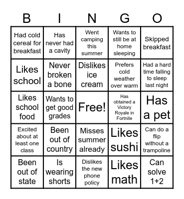 1st Day Bingo Card